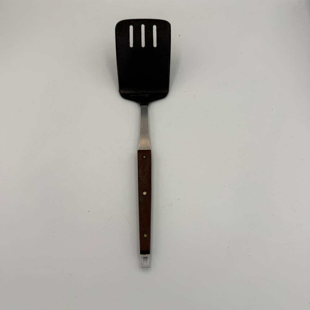 Vintage Ekco Classic Slotted Spatula Stainless USA Wood Handle Nylon Turner 12in